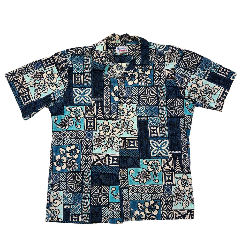 Vintage Hawaii Shirt Mens XL Blue Patchwork Floral Tropical Camp Hawaiian USA